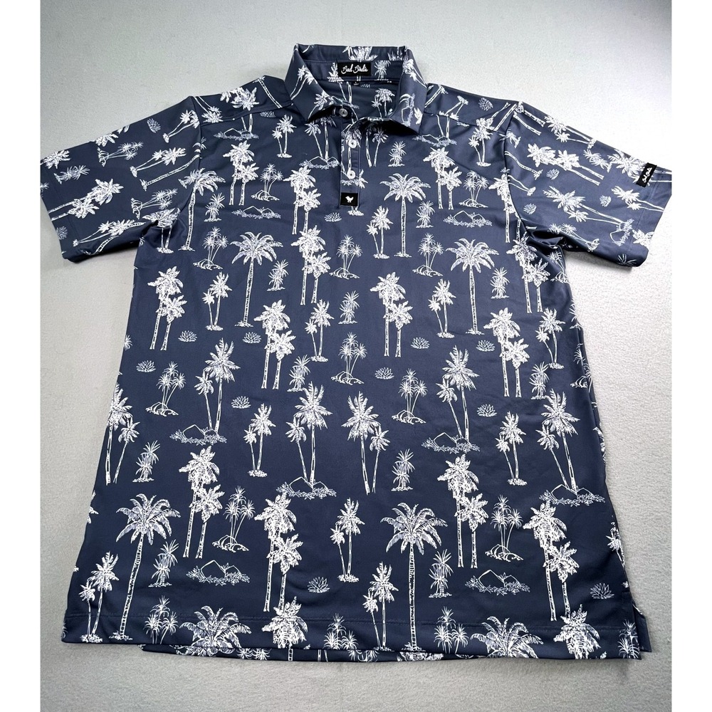 Bad Birdie Polo Shirt Mens Large Blue Palm Tree Golf Performance Short Sleeve